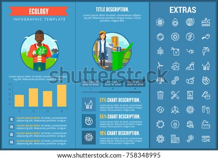 Ecology infographic template, elements and icons. Infograph includes customizable charts, graphs, line icon set with resources of green energy, environmental cycle, water and sun power, factory etc.