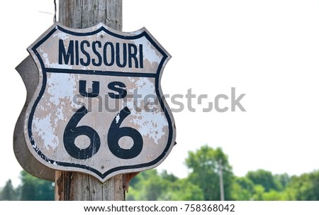 Historic route 66 highway sign in Missouri, USA. 