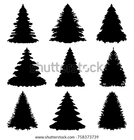 Christmas trees silhouettes isolated on white, vector collection