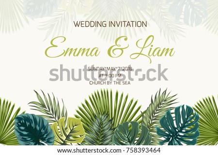 Wedding marriage event invitation card template. Exotic tropical jungle rainforest bright green palm tree and turquoise monstera leaves on beige background. Horizontal landscape. Text placeholder.