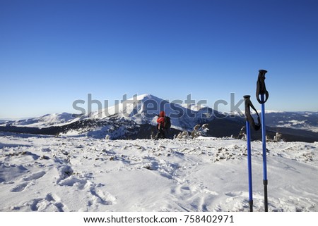 Photographer make photo in snow mountains at nice sun winter day and ski poles in foreground. Mount Petros (Chornohora) at background, view from slope of Mount Hoverla. Carpathian Mountains, Ukraine