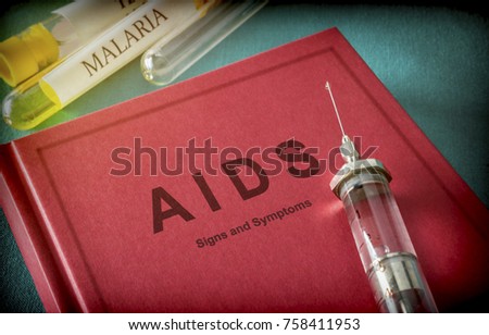  Vintage Syringe On A Book Of Aids, Medical Concept 