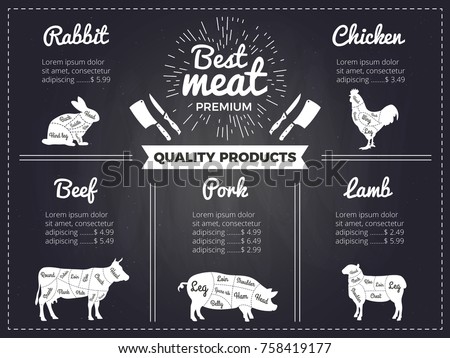 Hand drawn illustrations of domestic animals. Design template of menu for butcher shop. Pictures on black chalkboard. Menu butchery shop, beef scheme, diagram cattle vector