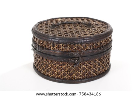 Wood wooden box on isolated white background. Beautiful stunning handwork patchwork round brown painted home made box.