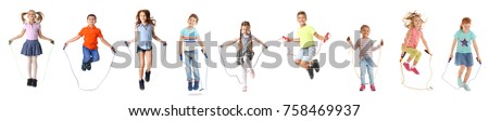 Collage of children with jumping ropes on white background Royalty-Free Stock Photo #758469937