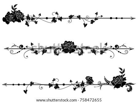 set of vector dividers with roses and ivy in black  and white