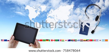 booking and search flight ticket air travel vacations concept, hands with digital tablet on world map background