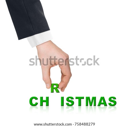 Hand and word Christmas isolated on white background