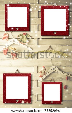 Christmas photo frames cards, four empty picture frame hanging on a rustic wall and cute hangers, Santa Claus rag doll and xmas decoration.