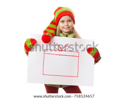 smiling girl in Santa hat painted with a gift in its hands