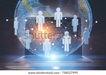 People network hologram in front of a planet model near a laptop. A dark blue background. Concept of new technologies. Toned image double exposure. Elements of this image furnished by NASA