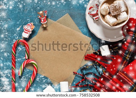 Letter for Santa. New Year card with hot chocolate and marshmall