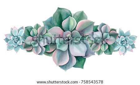 
Watercolor succulents, Green and pink succulent bouquets, elements for invitations, greeting cards, covers and other items.