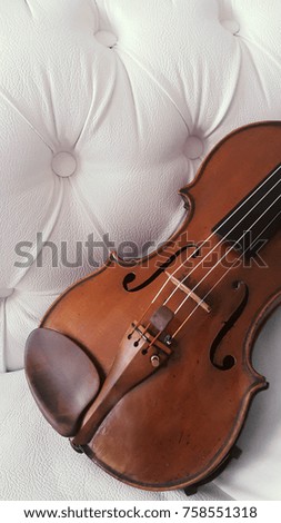 violin on a white quilted sofa