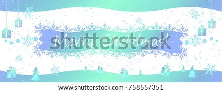 A Christmas banner template with an abstract glowing background with gifts, snowflakes and a winter landscape. Vector illustration.