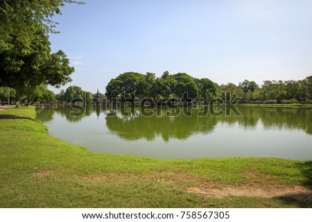 Scenic of sukhothai historical park with reflection on pond in Thailand., Tourism, World Heritage Site, Civilization,UNESCO.