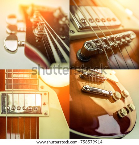 Rock guitar. Collage of close-up view parts of guitar, very popular musical instrument of the world.