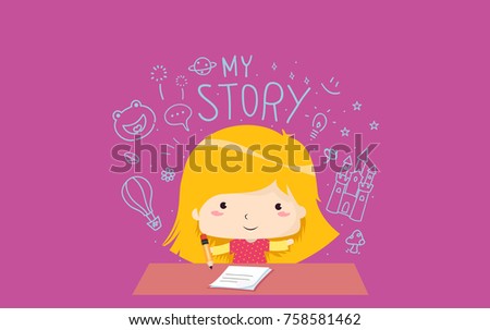 Illustration of a Kid Girl with a Pencil and Paper Writing a Story Book about Different Things