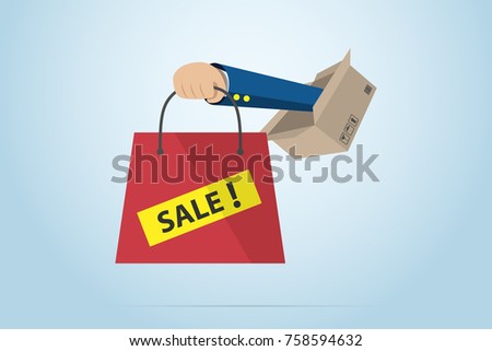 business hand holding red bag with box, sale concept