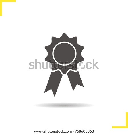 Seal stamp with ribbon glyph icon. Drop shadow award silhouette symbol. Negative space. Raster isolated illustration