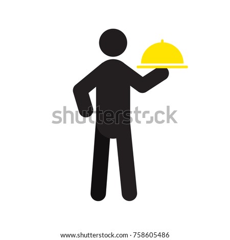 Waiter silhouette icon. Man with dish. Butler. Service staff. Isolated raster illustration. Catering