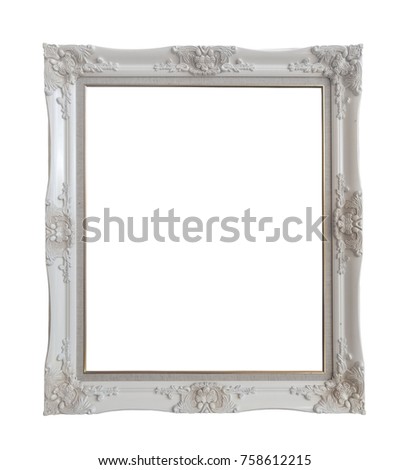 Close up vintage white wooden picture frame isolated on white background