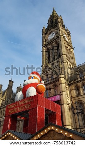 Manchester Town Hall entrance, decorated for Christmas Market.