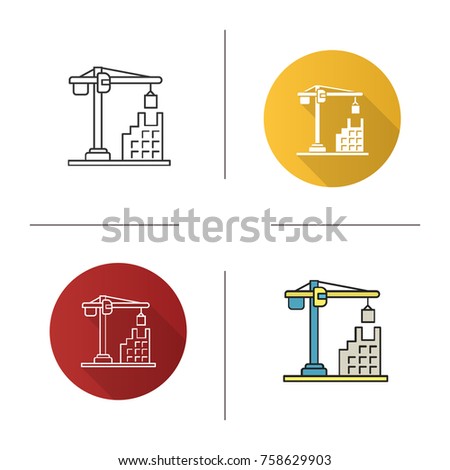 Tower crane icon. Flat design, linear and color styles. Building, constructing. Isolated raster illustrations