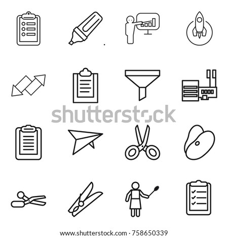 Thin line icon set : clipboard, marker, presentation, rocket, up down arrow, funnel, mall, deltaplane, scissors, beans, clothespin, woman with duster, list