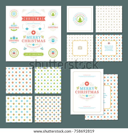 Christmas labels and badges vector design elements set and greeting cards templates. Merry Christmas and Holidays wishes retro typography decoration objects, vintage ornaments.