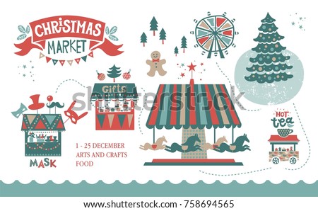 Christmas market illustration. Winter time. Merry Christmas and Happy New Year on amusement park, winter market, festival, fair. Christmas tree, shops with gifts, a Ferris wheel, carousel with horse