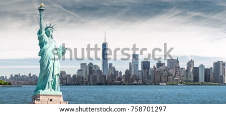 The Statue of Liberty with One World Trade Center background, Landmarks of New York City, USA Royalty-Free Stock Photo #758701297