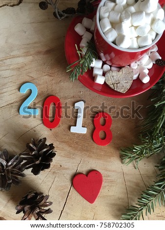 christmas red cup. red cup with marshmallows and 2018 chalkboards