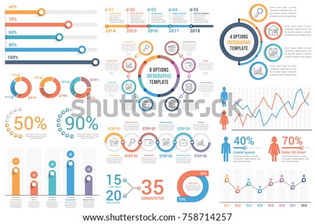 Infographic elements - bar and line charts, percents, pie charts, steps, options, timeline, people infographics, vector eps10 illustration Royalty-Free Stock Photo #758714257