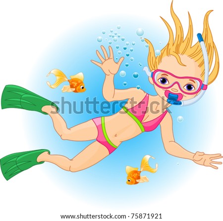 Holiday with Scuba Diving. Girl swimming under water