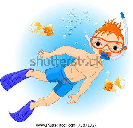 Holiday with Scuba Diving. Boy swimming under water
