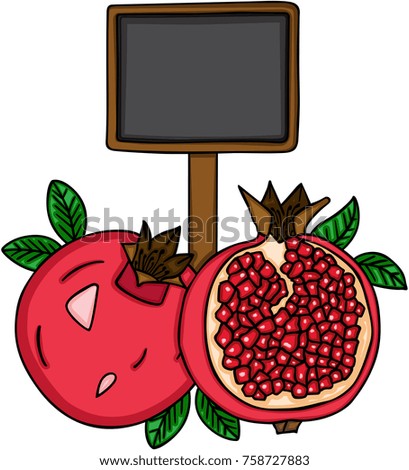 Fresh pomegranate with a wooden signboard