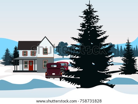 Vector illustration of Winter mountains landscape with house and forest