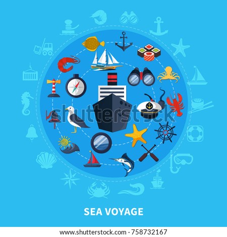Nautical concept with ship seagull and compass on blue background flat vector illustration