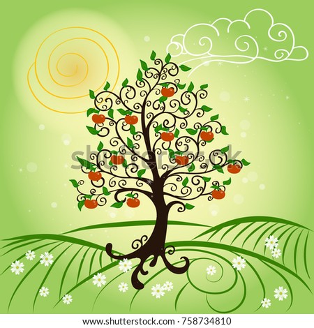 Elegant tree in the summer with fruits of apples and a blooming meadow. Seasons of the year
