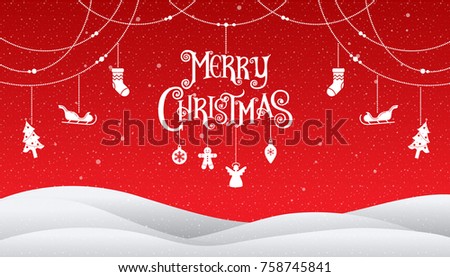 Christmas and Happy New Year 2018, Typography, Xmas red background with winter landscape with snowflakes, Illustration.