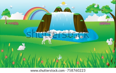 Vector illustration abstract background with Waterfall Rabbit Birds Deer Squirrel Paper art concept.