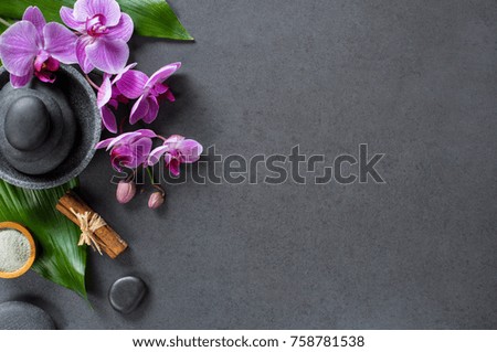 Top view of hot stones setting for massage treatment on blackboard with copy space. High angle view of orchids on green leaf with black stones pile for spa therapy. Elegant and luxury spa.