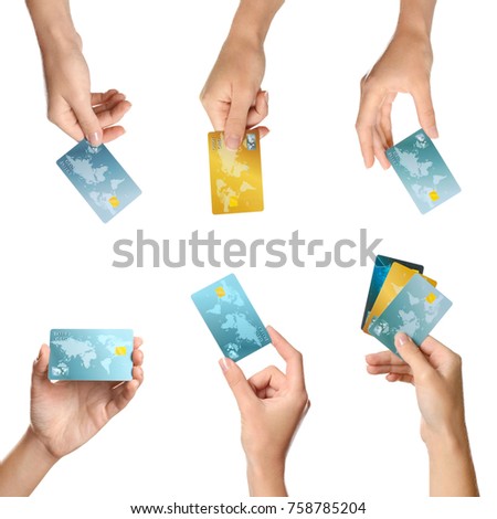 Women holding credit cards on white background