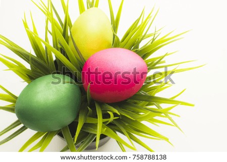 Eggs in basket, spring flowers