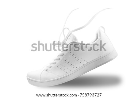 One White sneaker and floating rope  isolated on white background with clipping path Royalty-Free Stock Photo #758793727