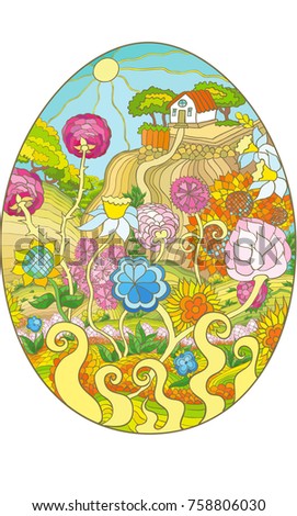 Easter egg painted with flowers, landscape meadow , old farm in the forest,  paint bright spring colored