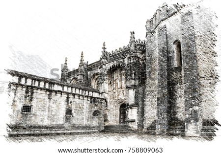sketch effect picture of Tomar-Portal of Church Convento de Cristo.