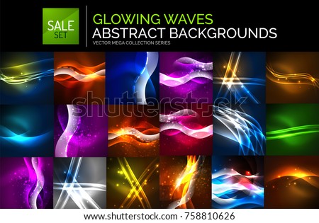 Mega collection of neon glowing waves, futuristic dark space concept with shiny wavy shape