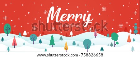 Merry Christmas landscape with christmas tree and snow vector on red background